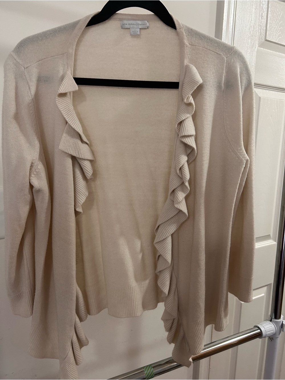 New York & Company Cream Ruffle-Trim Open-Front Cardigan